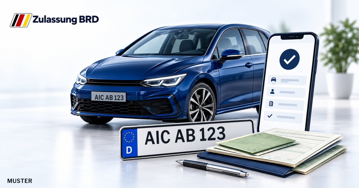 Online Fahrzeugzulassung in Mering: Musterkennzeichen AIC AB 123, Auto und Fahrzeugpapiere und Smartphone. Illustration mit Logo von Zulassung BRD.